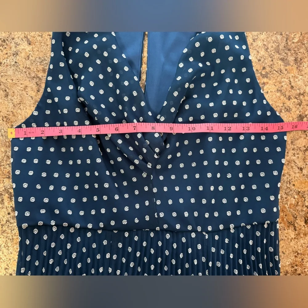 Eva Franco Navy Pleated Dress with White Dots 6P - Picture 5 of 7